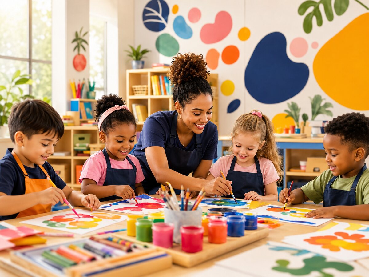 Children painting in class